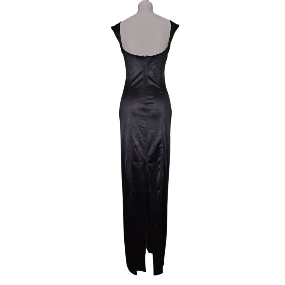 Lucy in the Sky Black Satin Bodycon Maxi Dress Square Neck‎ Cap Sleeve Evening